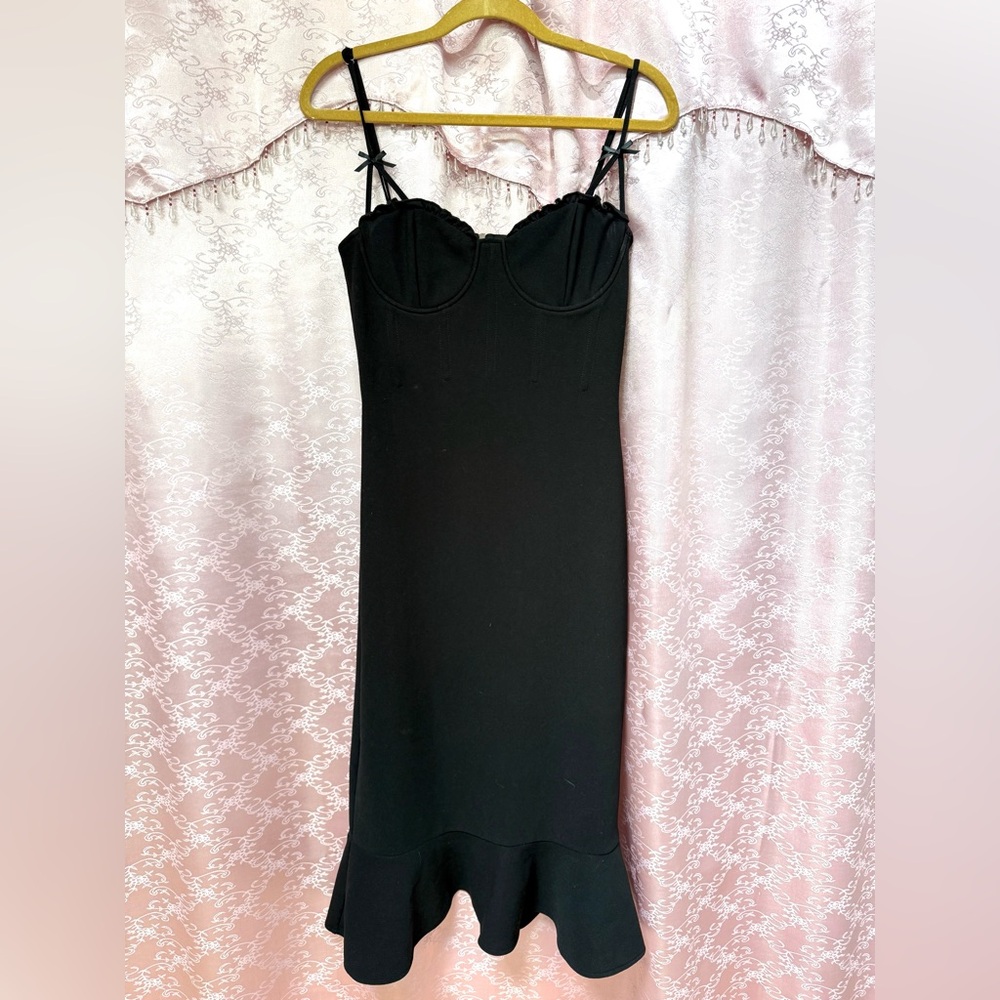 Astr Black Midi Slip Dress with Scalloped Hem